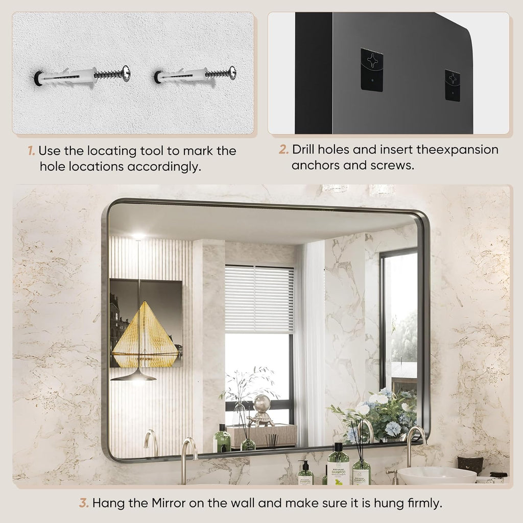 Black Metal Framed Vanity Rounded Rectangle Bathroom Mirrors for Over Sink Wall, 36x24 Inch Large Matte Mirror, Modern