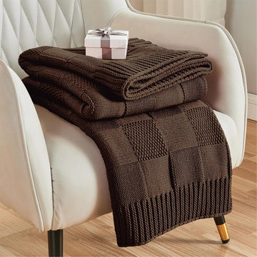 Check Knit Throw Blanket, Dark Brown Checkered Throw, Decorative Christmas Soft Cozy Warm Knitted Blanket, 50"X60"