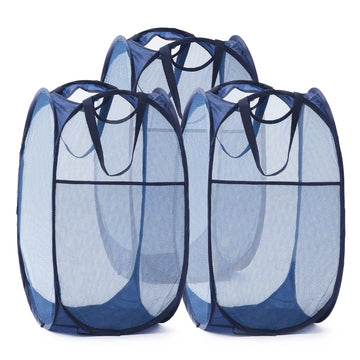 Collapsible Mesh Pop Up Laundry Hamper with Sturdy Handles and Side Pocket - Portable Foldable Clothes Baskets &