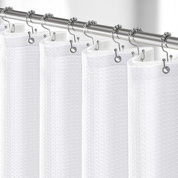 3 in 1 Waffle Shower Curtain Set with PEVA Liner 72Wx72H White | 256GSM Heavy Duty Fabric, Waterproof Clear Liner