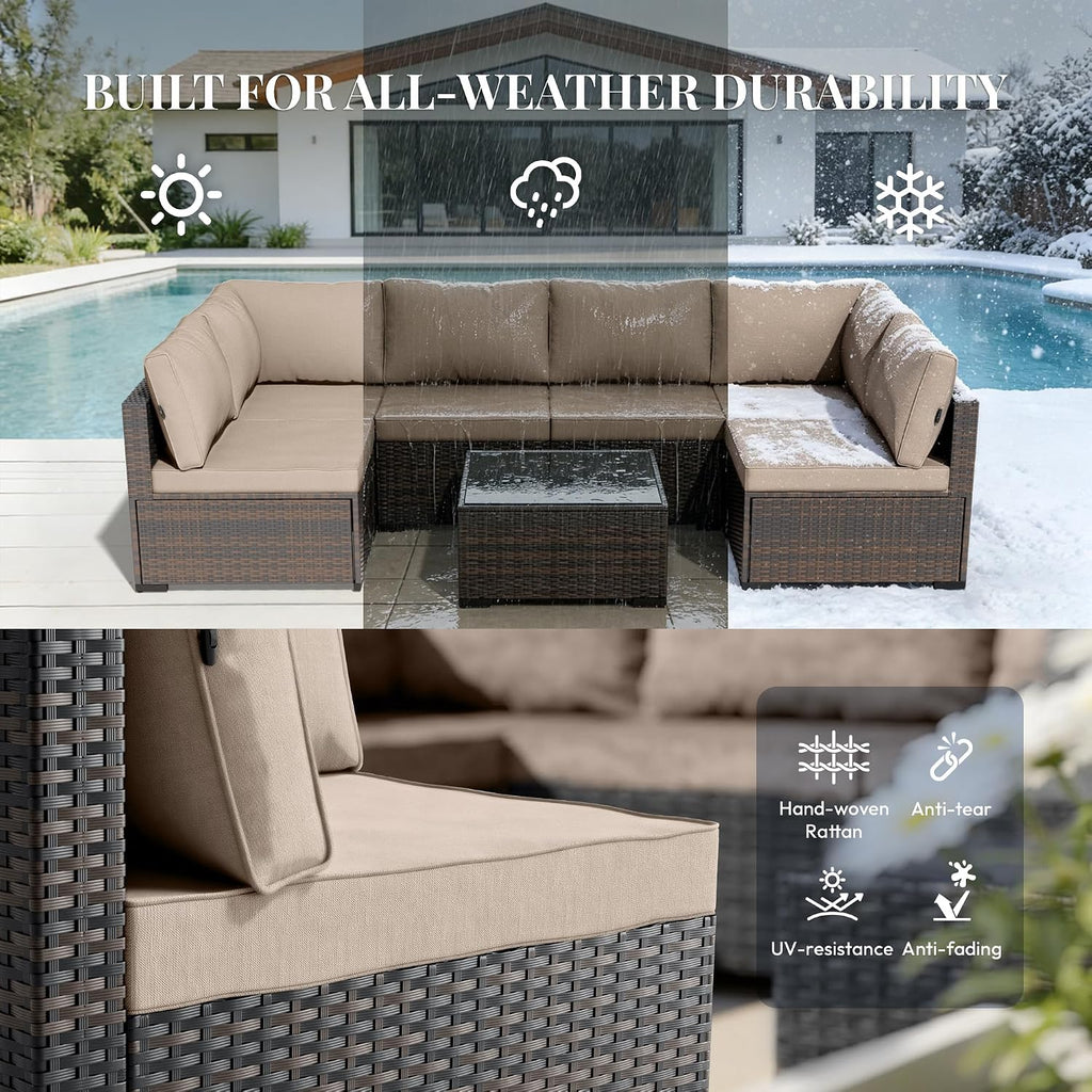 Patio Furniture Set 7 Piece - All-Weather - Wicker Rattan Patio Outdoor Conversation Set, Modular Sectional Sofa for
