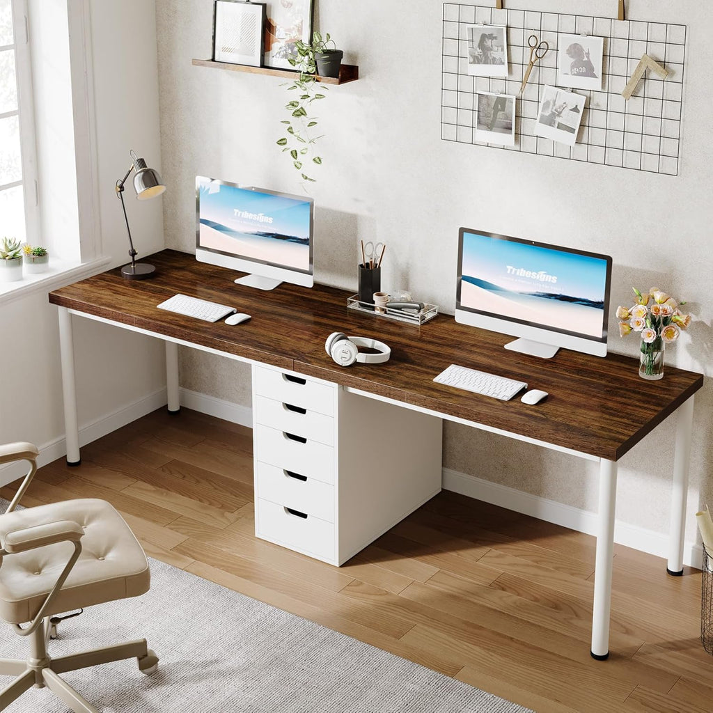 Two Person Computer Desk with 5 Drawers, 78.7 Inches Extra Long Double Office Desk