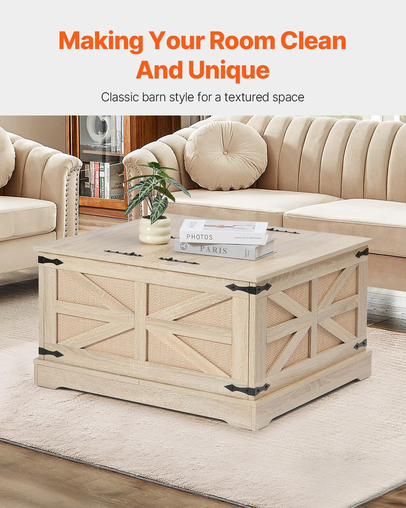 Rattan Coffee Table, Rectangle PE Rattan Woven Wood Coffee Table with MDF Top, 32-Inch Modern Boho Style Storage