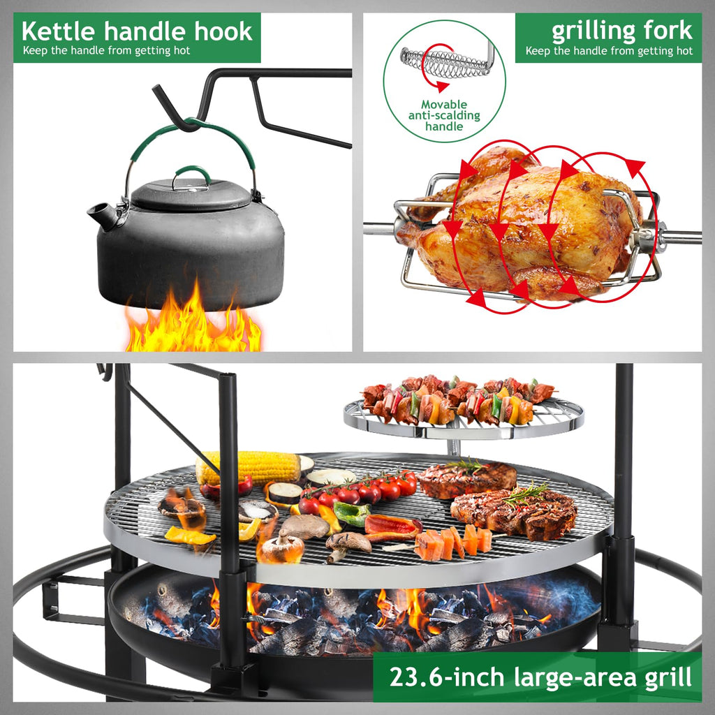 33 Inch 2 in 1 Fire Pit with Grills, Adjustable Swivel Grate