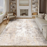 8x10 Washable Area Rug Beige Grey Abstract Living Room Bedroom Carpet Neutral Modern Non Slip Soft Low Pile Indoor