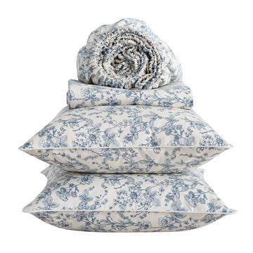 Vintage Floral Percale Sheets, Deep Pocket, White & Blue