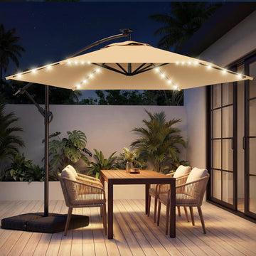 10FT Solar Offset Patio Umbrella with Base Included, 5-Year Fade-Resistant Canopy, 45° Easy Tilt Crank