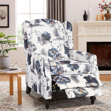 Upholstered Wingback Recliner Chair, Mid Century Modern Manual Push Back Recliner (1, Blue Floral)