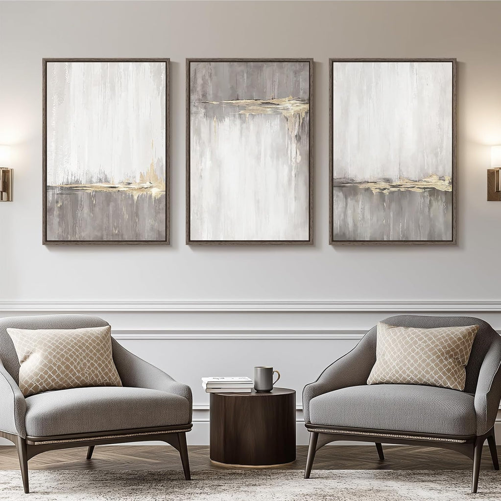 Framed Grey White Abstract Wall Art , 3 Piece Large Gold Neutral Canvas Prints Artwork for Walls, Gray Modern