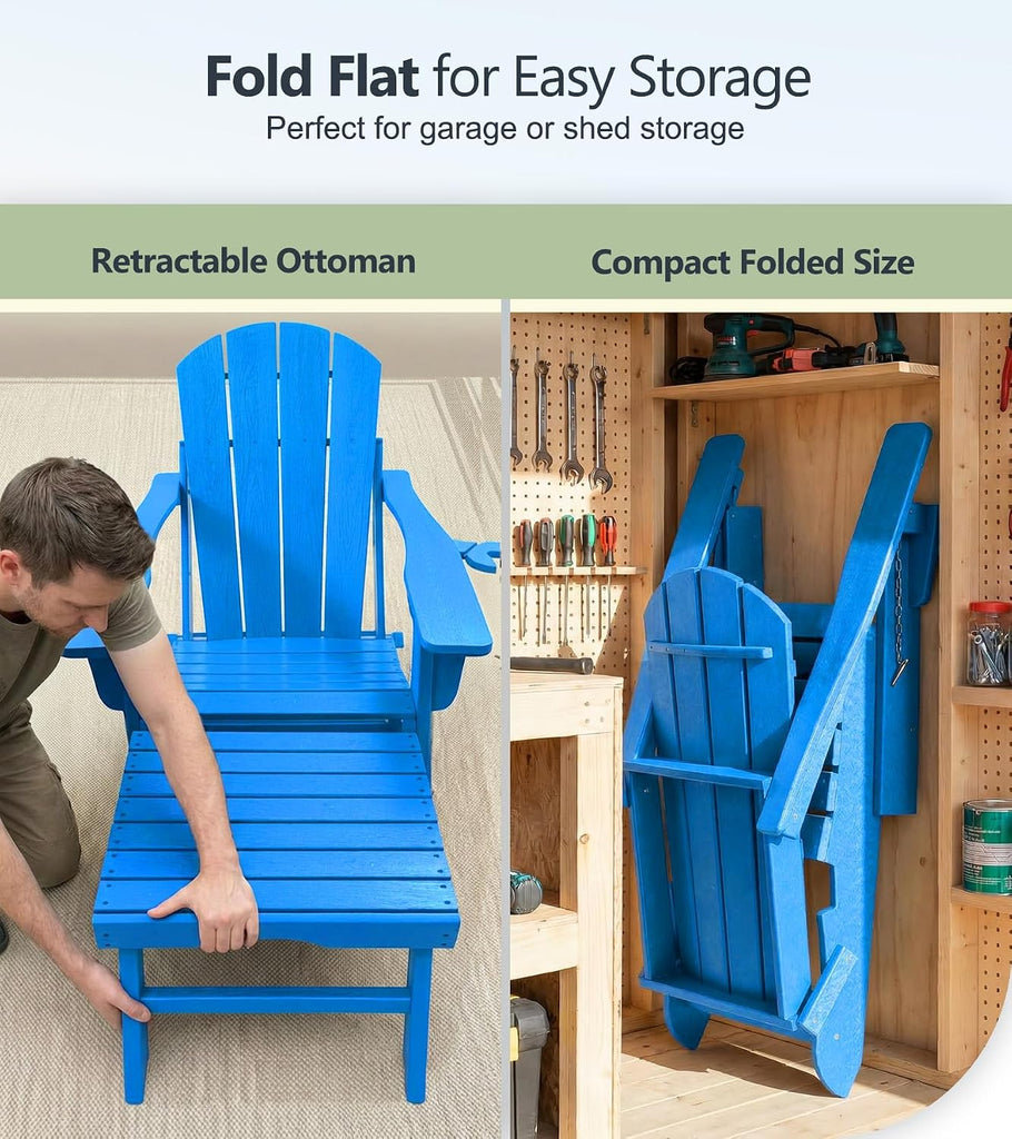 Folding Adirondack Chairs Set of 2 with Ottoman, 5-Position Adjustable Backrest, HDPE All-Weather Fire Pit Chairs