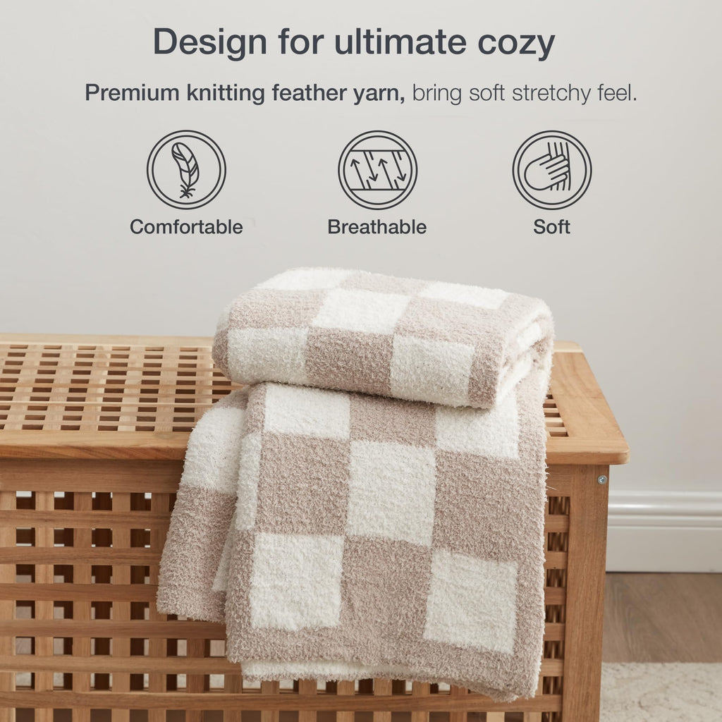 Checkered Throw Blanket, Knitted Blanket with Checkerboard Grid Pattern, Soft Cozy Fluffy Blankets for Couch Bed