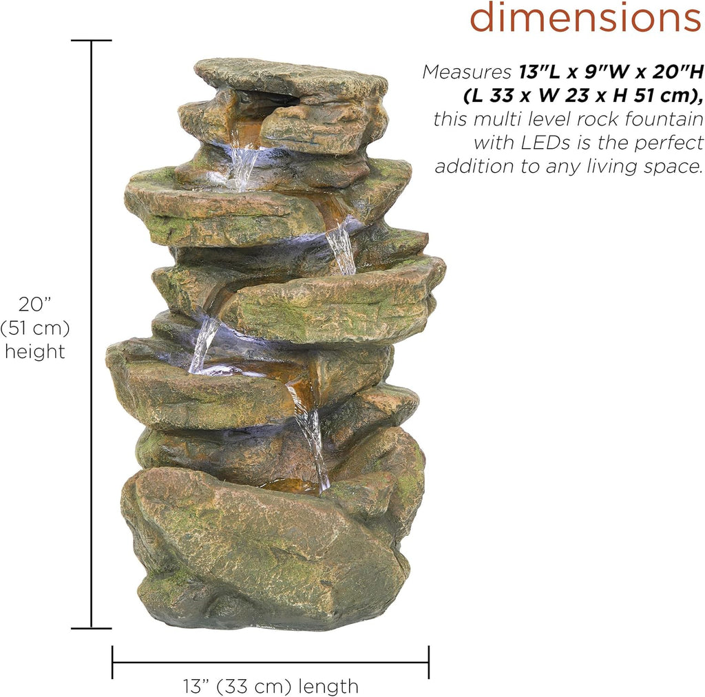 20" H Outdoor Multi-Level Rock Floor Fountain with LED Lights, Brown