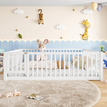 Queen Size Kids Montessori Floor Bed with Door,Solid Wood Floor Bed Frame with High Fence for Girls,Boys,White