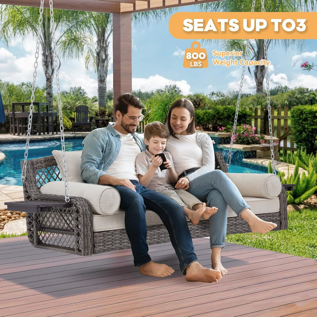 3 Seat Porch Swing, Wicker Patio Swing with Cup Holders & Cushions | Yard Hanging Swing with Chains for Deck Garden