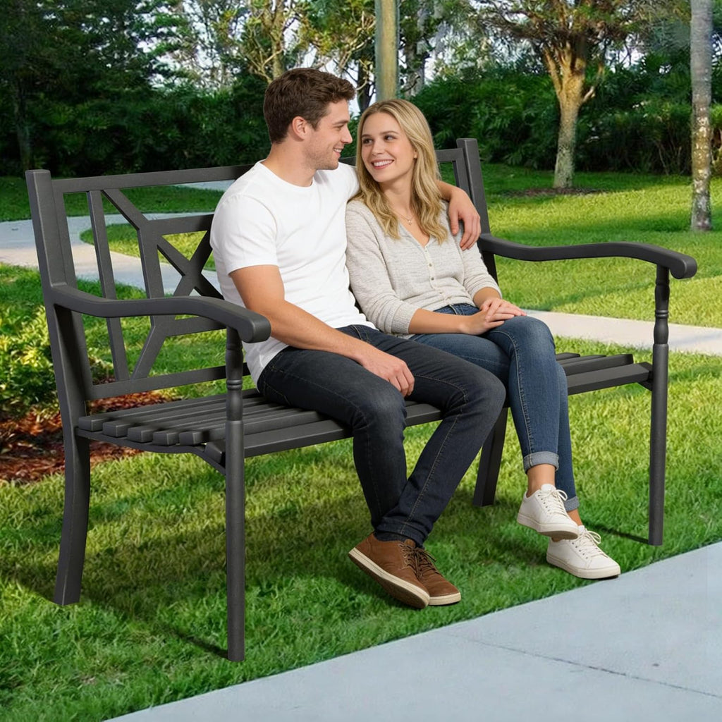 Metal Bench Patio Bench, Outdoor Benches Weatherproof with Lattice Backrest, Wrought Iron Garden Benches for