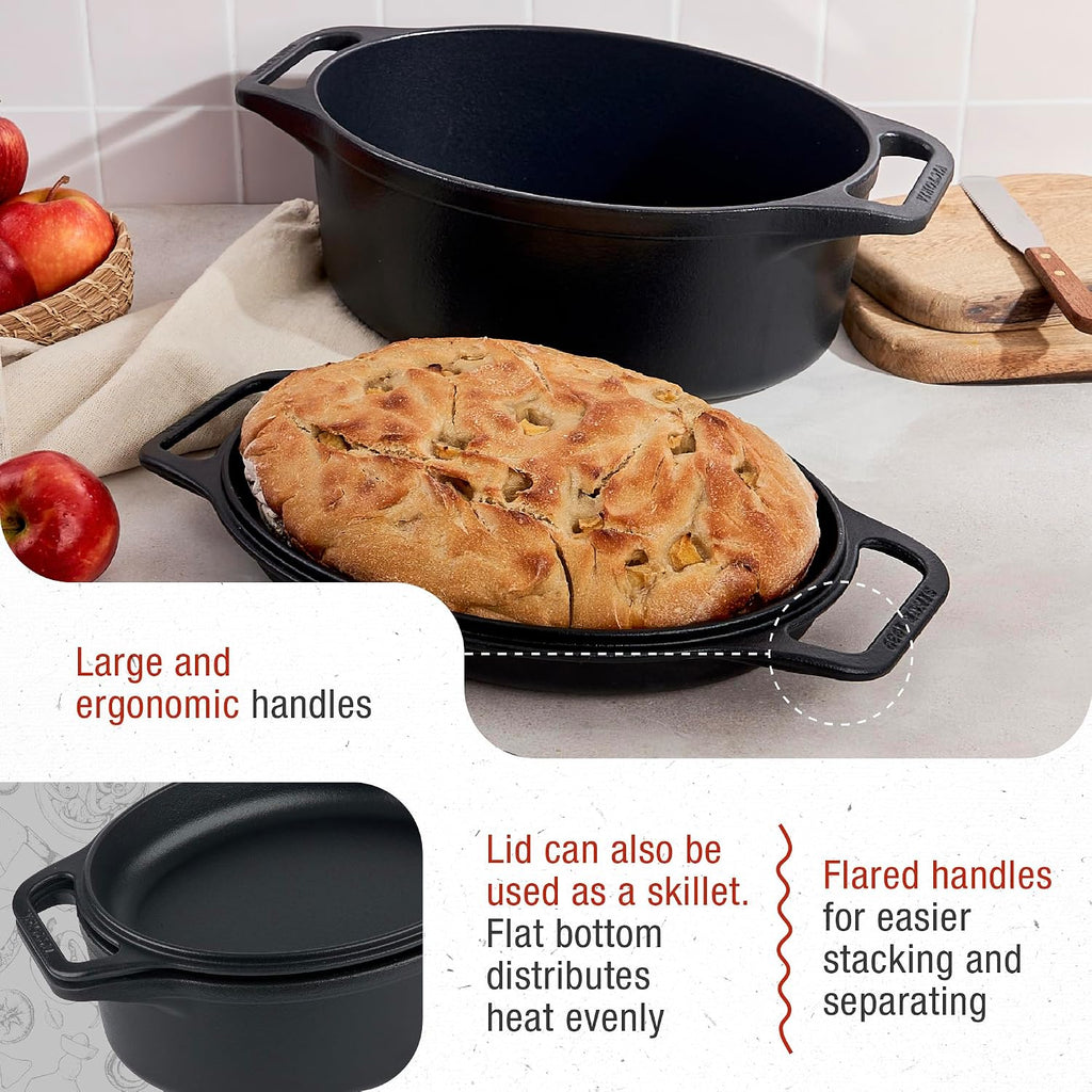 6-Quart Cast Iron Oval Dutch Oven, Combination Combo Cooker Pot and Skillet, Bread Baker, Colombia, 2-Piece Set |