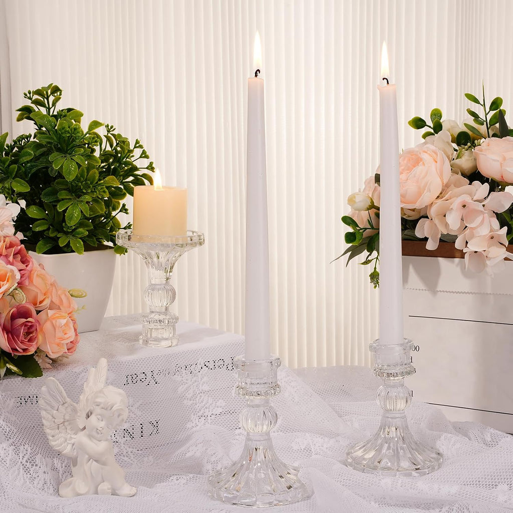 24 Pcs Glass Taper Candle Holder Sets 12 Candlestick Holder with 12 White Long Candles for Wedding Party Decor Dinner