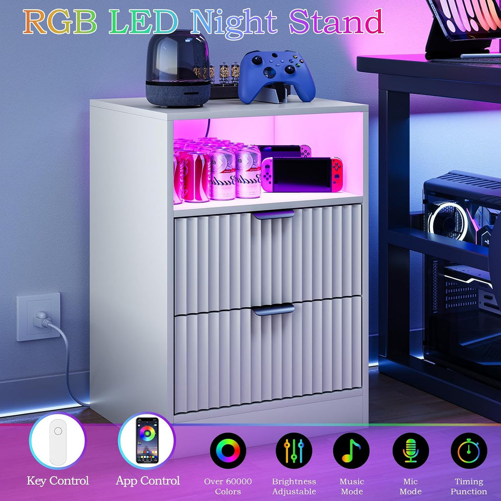 White Night Stand Set 2, LED Nightstand with Charging Station, Fluted Nightstands Set of 2 with 2 Drawers, Wood Side