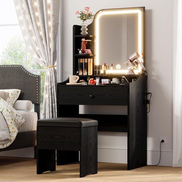 Small Vanity Desk with Mirror Lights and Storage Stool | Black compact vanity with 3 light modes, charging station