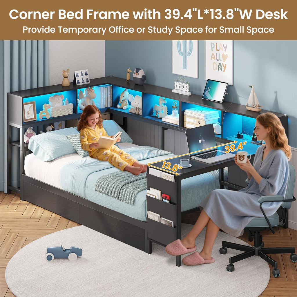 Corner Twin Bed Frame with Desk,Charging Station and Bookcase Storage Twin Size Daybed for Kids/Teen with Storage