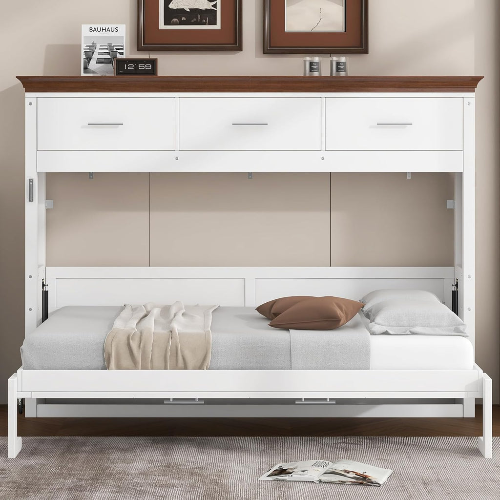 Twin Horizontal Murphy Bed with Drawers,Wood Space-Saving Folding Hideaway Murphy Wall Bed with Storage Drawers, for Adults,White