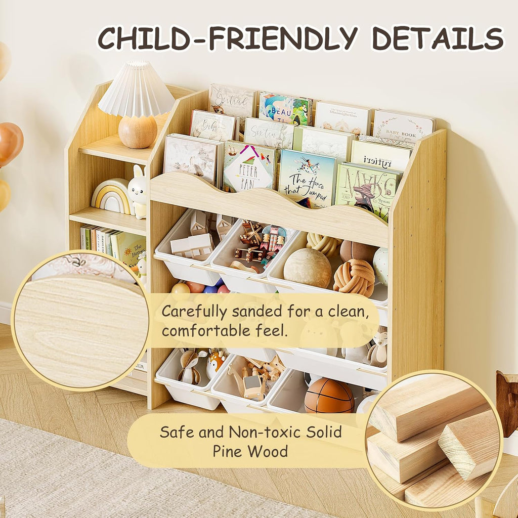 Toy Storage Organizer, Scalloped Bookshelf, 4 Toy Shelves, 9 Bins | Scalloped top book display, 4-tier side shelves