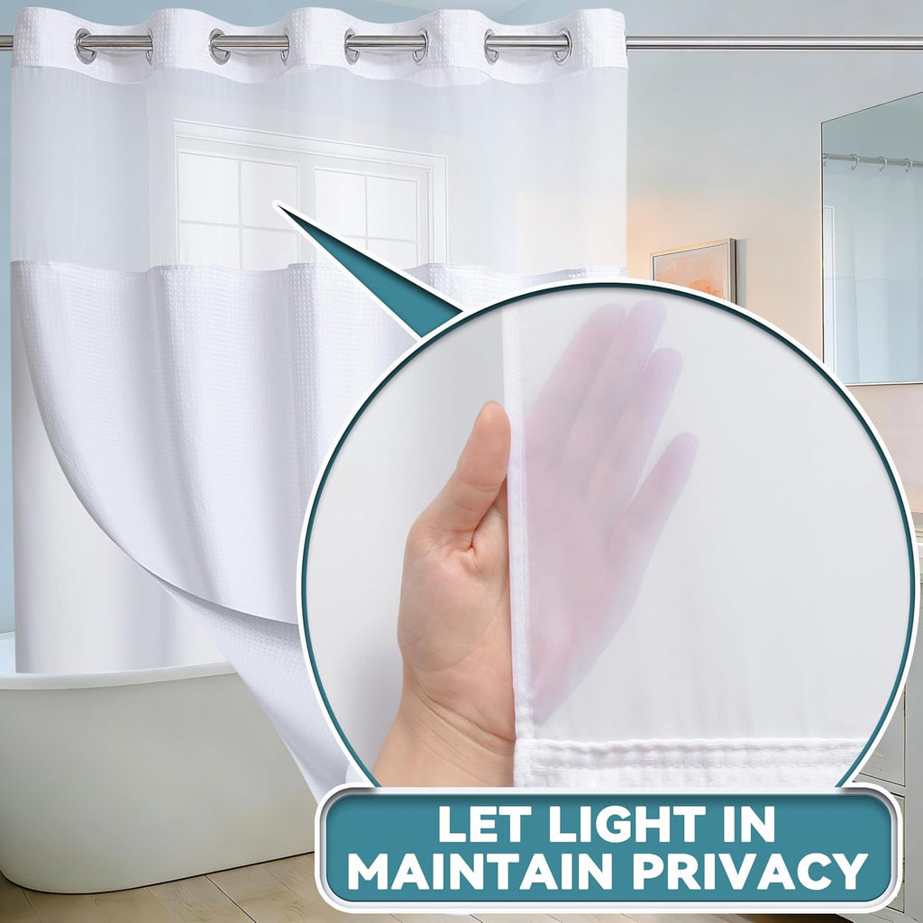 No Hook Waffle Weave Shower Curtain with Snap in Liner Set, Hotel Luxury White Shower Curtains with See Through Top