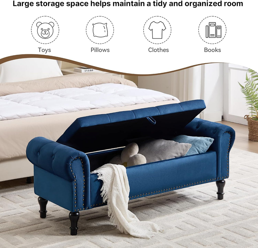 Storage Bench , 51" Upholstered End of Bed Bench, Velvet Queen Size Benches with Rolled Arms, Tufted Button Storage