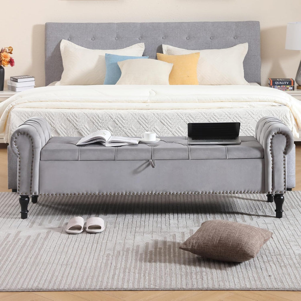 Velvet Storage Bench 67 Inch Upholstered Tufted Ottoman Bench with Arms King Size End of Bed Bench Living Room