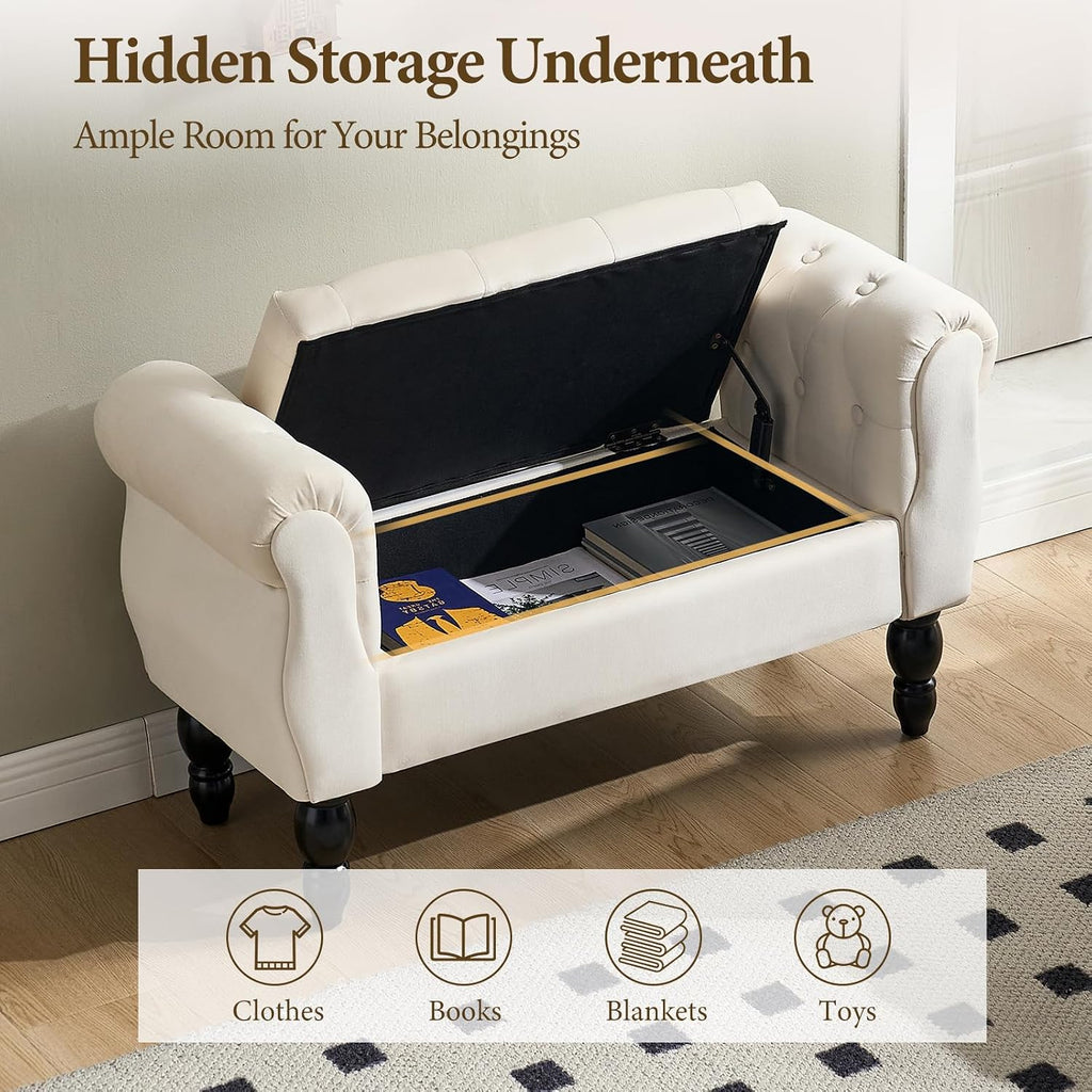 Storage Bench with Arms End of Bed Bench,Velvet Entryway Bench with Storage, Button Tufted Upholstered Ottoman Bench
