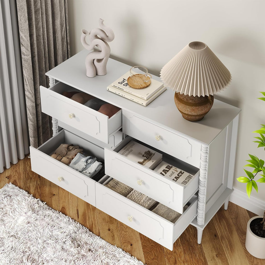 White 6 Drawer Dresser , 47" Wide Chest of Drawers with Turned Legs and Ceramic Knobs, Double Dresser, Wood Drawer