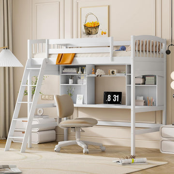 Twin Loft Bed with Desk, Solid Wood Twin Loft Bed Frame with Shelves, White