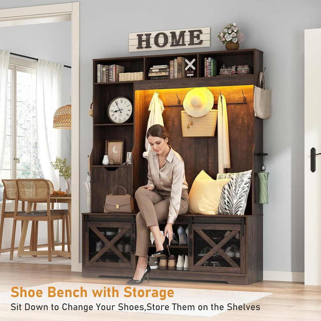75''H 59''W Large LED Farmhouse Hall Tree with Bench and Shoe Storage,Entryway Bench with Coat Rack,16 Shoe Cubbies &