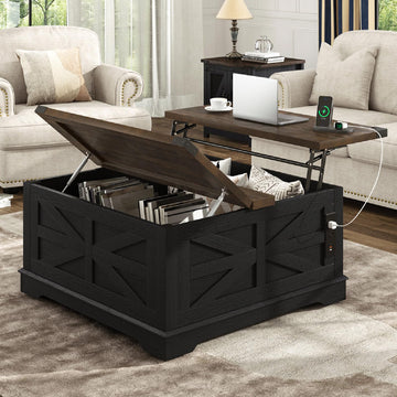 36" Farmhouse Movable Lift Top Coffee Table with Storage and Power Outlets, Square Wood Living Room Tables with