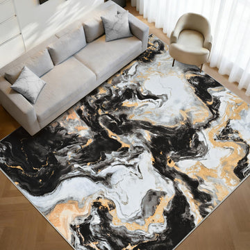 Washable Living Room Rug, Marble Rugs Non Slip, Black & Gold