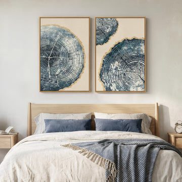 Framed Navy Blue and Beige Tree Rings Canvas Wall Art Bedroom, 24x36 Inch
