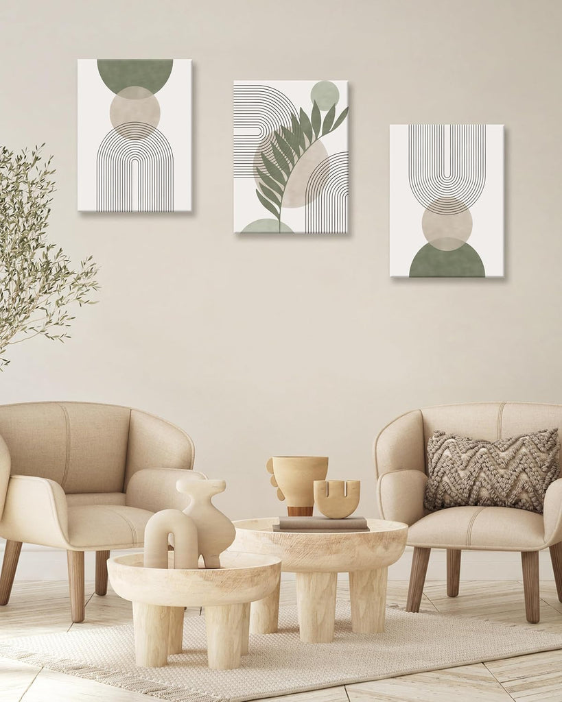 CM Sage Green Boho Wall Art, Botanical Geometric Framed Canvas Bathroom Wall Art, Mid-Century Modern Wood Frame