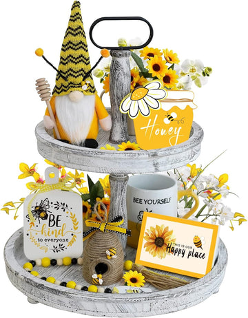 Bee Tiered Tray Decor Set, Summer Farmhouse Decor with Gnome, Bee Hive, Sunflower Wood Signs & Garland, Rustic - Set of 6