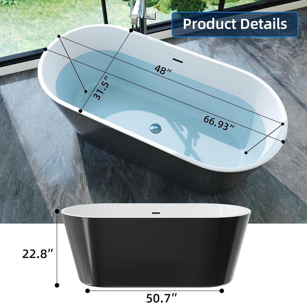67'' Acrylic Freestanding Bathtub, Extra-Deep Soaking Free Standing Tub for Luxurious Bathing Experience, with Chrome