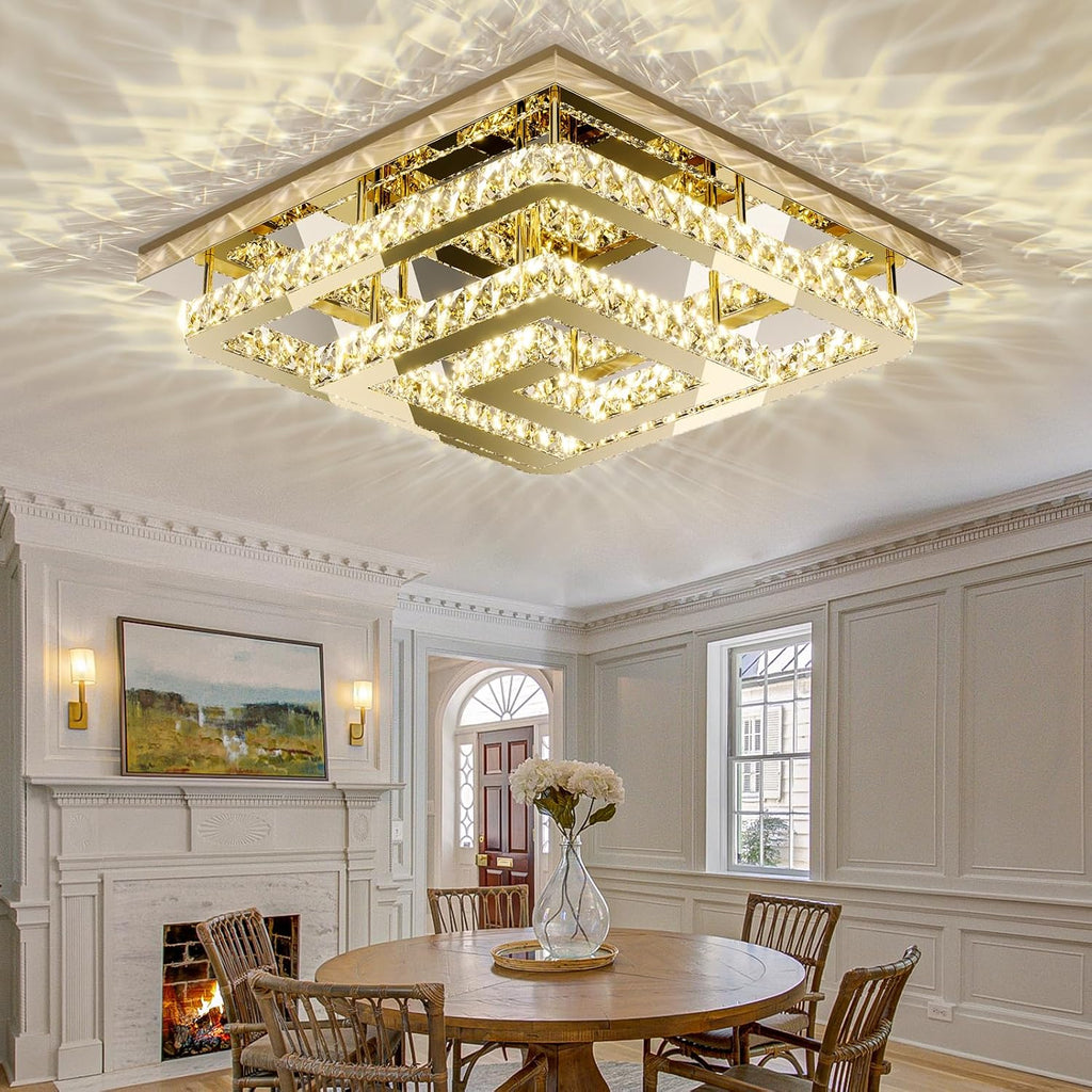 34" Modern Gold Crystal Chandelier with Remote/App Control, Dimmable Flush Mount Ceiling Light Fixture,3-Color