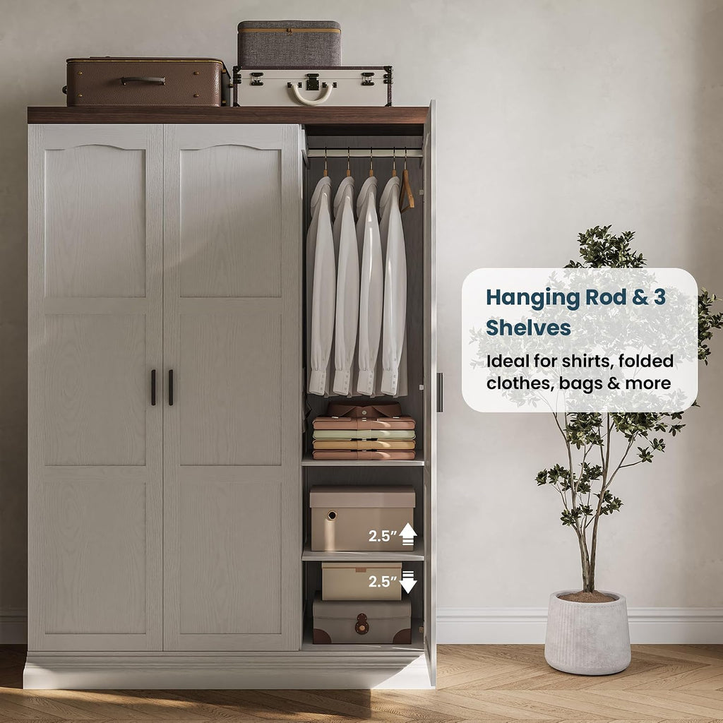 3-Door Armoire Wardrobe Closet with Mirror and 2 Hanging Rods | Long & Short Hanging Zones / 3 Shelf Levels /