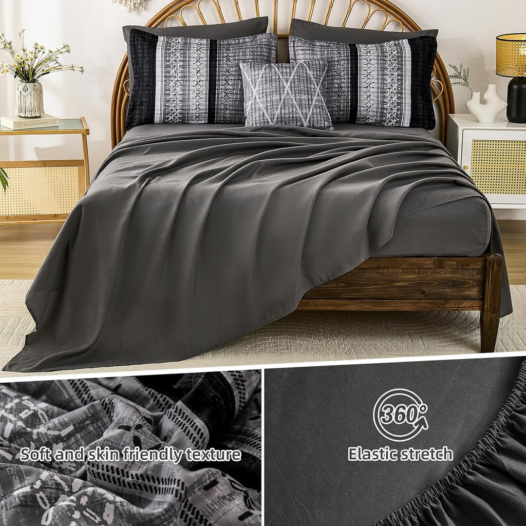 Dintszyayue Black Comforter Set Queen, 8 Pieces Boho Striped Bed in a Bag Soft Microfiber Bedding Set for All Season
