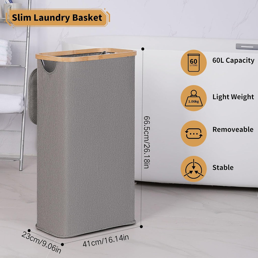65L Slim Laundry Hamper, Narrow Laundry Basket with Lid,Foldable Clothes Hamper with Bamboo Handles,Hamper Basket
