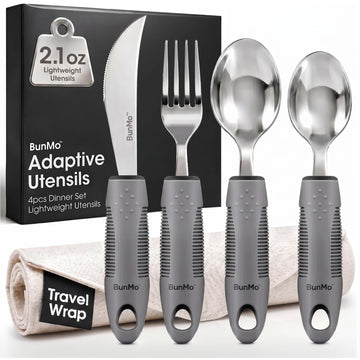 Adaptive Utensils for Elderly, Tremors & Weak Hand Grips - 4pc Lightweight Assistive Silverware Set with Foam Easy