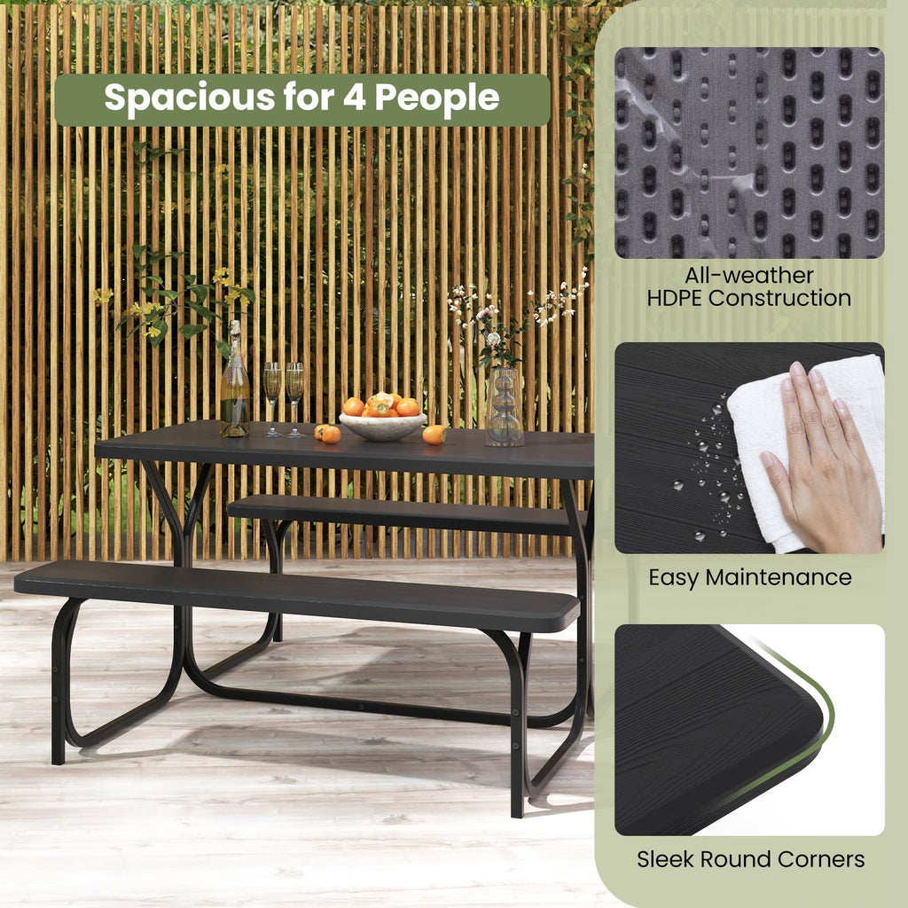 Picnic Table, 59" Plastic Picnic Table with Benches, Steel Frame & Wood-Like Texture Tabletop, Expanded Rectangular