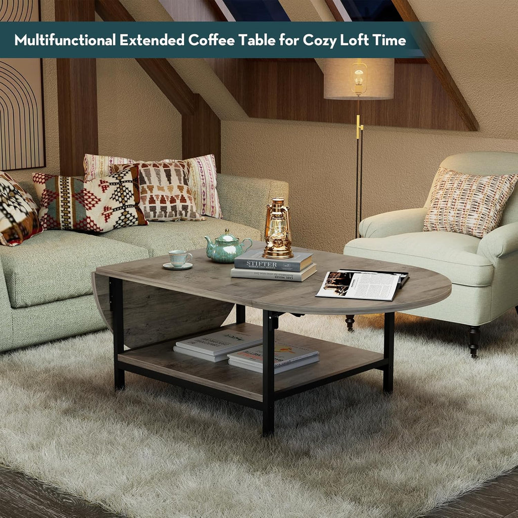 Folding Coffee Tables 2-Tier Extended Coffee Table with Storage Vintage Farmhouse Center Table for Large or Small