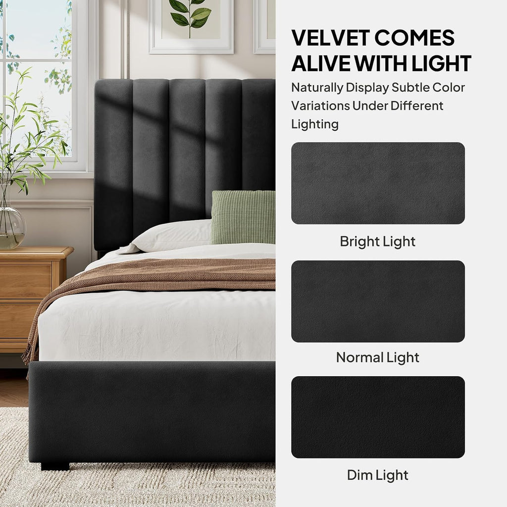 Twin Velvet Upholstered Bed Frame with Headboard for Kids, Black | Soft Velvet, Metal Platform Storage Bed, Vertical