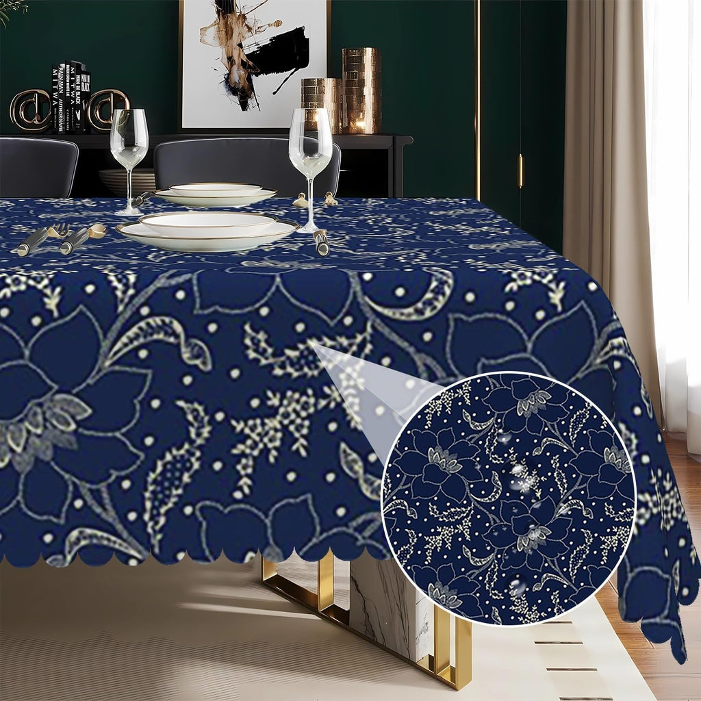 60x120 inch Jacquard Floral Tablecloth Navy Blue Flowers Line Art Pattern Rectangle Tablecloth Washa