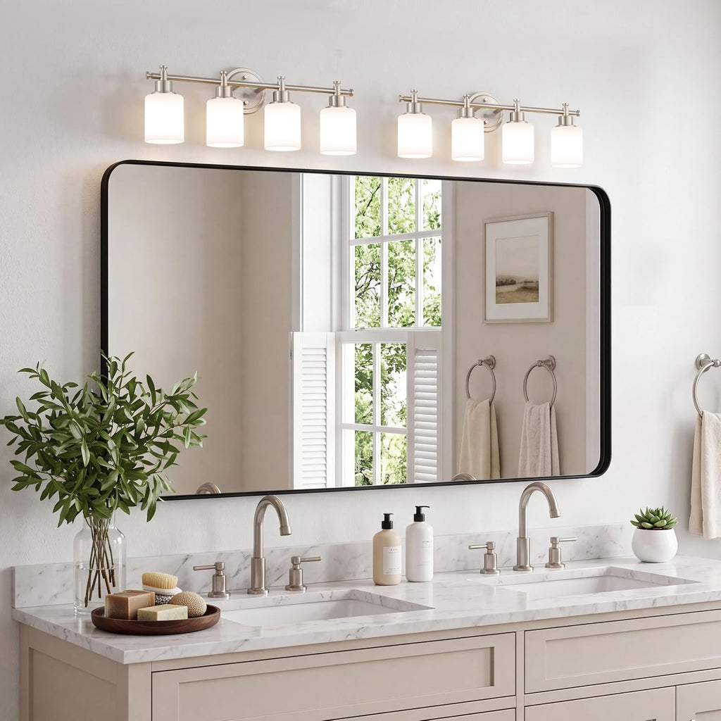 4 Light Bathroom Vanity Light Fixture Over Mirror, Brushed Nickel, 23'' | Vanity Lights , White Frosted Glass Shades