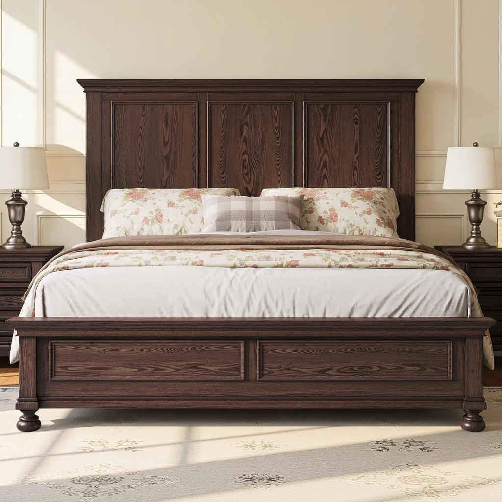 Solid Wood Queen Bed Frame with 65.2" High Headboard, Traditional Platform Bed with Heavy Duty Slats, No Box Spring